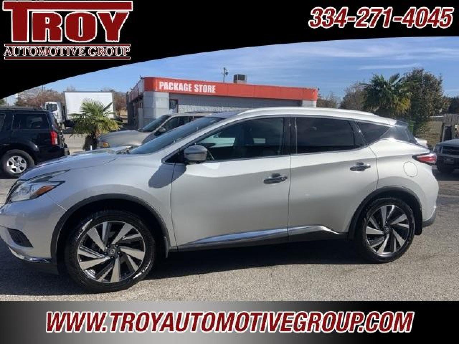 2016 Brilliant Silver Metallic /Brown Nissan Murano Platinum (5N1AZ2MG5GN) with an 3.5L V6 DOHC engine, CVT transmission, located at 6812 Atlanta Hwy, Montgomery, AL, 36117, (334) 271-4045, 32.382118, -86.178673 - Brilliant Silver Metallic 2016 Nissan Murano Platinum FWD 3.5L V6 DOHC CVT with Xtronic<br><br>Financing Available---Top Value for Trades.<br><br>21/28 City/Highway MPG - Photo #1