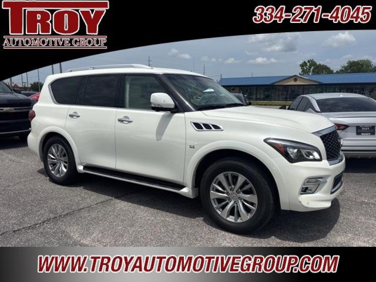 2016 Majestic White /Wheat INFINITI QX80 Base (JN8AZ2NFXG9) with an 5.6L V8 engine, Automatic transmission, located at 6812 Atlanta Hwy, Montgomery, AL, 36117, (334) 271-4045, 32.382118, -86.178673 - Photo#0
