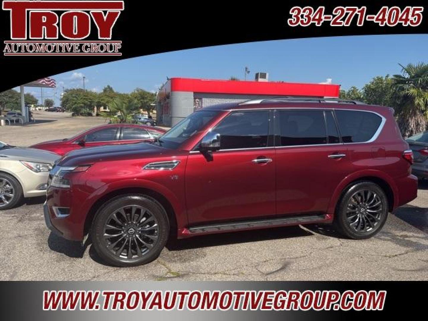 2021 Coulis Red Pearl /Black Nissan Armada Platinum (JN8AY2DA1M9) with an 5.6L V8 DOHC 32V LEV3-ULEV125 400hp engine, Automatic transmission, located at 6812 Atlanta Hwy, Montgomery, AL, 36117, (334) 271-4045, 32.382118, -86.178673 - Recent Arrival!<br><br>Coulis Red Pearl 2021 Nissan Armada Platinum RWD 5.6L V8 DOHC 32V LEV3-ULEV125 400hp 7-Speed Automatic<br><br>Financing Available---Top Value for Trades. - Photo#2
