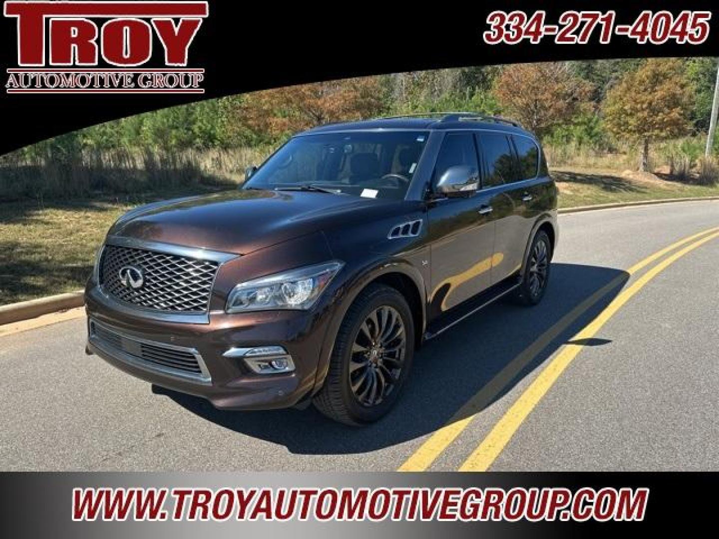 2017 Mocha Almond /Truffle Brown INFINITI QX80 Limited (JN8AZ2NE4H9) with an 5.6L V8 engine, Automatic transmission, located at 6812 Atlanta Hwy, Montgomery, AL, 36117, (334) 271-4045, 32.382118, -86.178673 - Mocha Almond 2017 INFINITI QX80 Limited AWD 5.6L V8 7-Speed Automatic<br><br>Financing Available---Top Value for Trades.<br><br>Odometer is 21255 miles below market average!<br><br><br>Awards:<br> * JD Power Initial Quality Study (IQS) * 2017 KBB.com 5-Year Cost to Own Awards - Photo#0