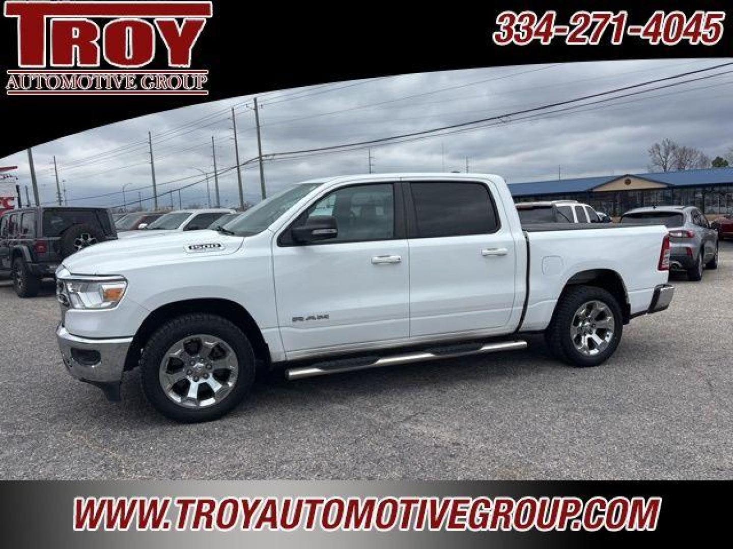 2021 Bright White Clearcoat /Diesel Gray/Black Ram 1500 Big Horn/Lone Star (1C6SRFFT6MN) with an HEMI 5.7L V8 Multi Displacement VVT engine, Automatic transmission, located at 6812 Atlanta Hwy, Montgomery, AL, 36117, (334) 271-4045, 32.382118, -86.178673 - 1-Owner!!<br>Flip Up Bedcover!!<br>Tow Package!!!<br>Like New!! - Photo#1