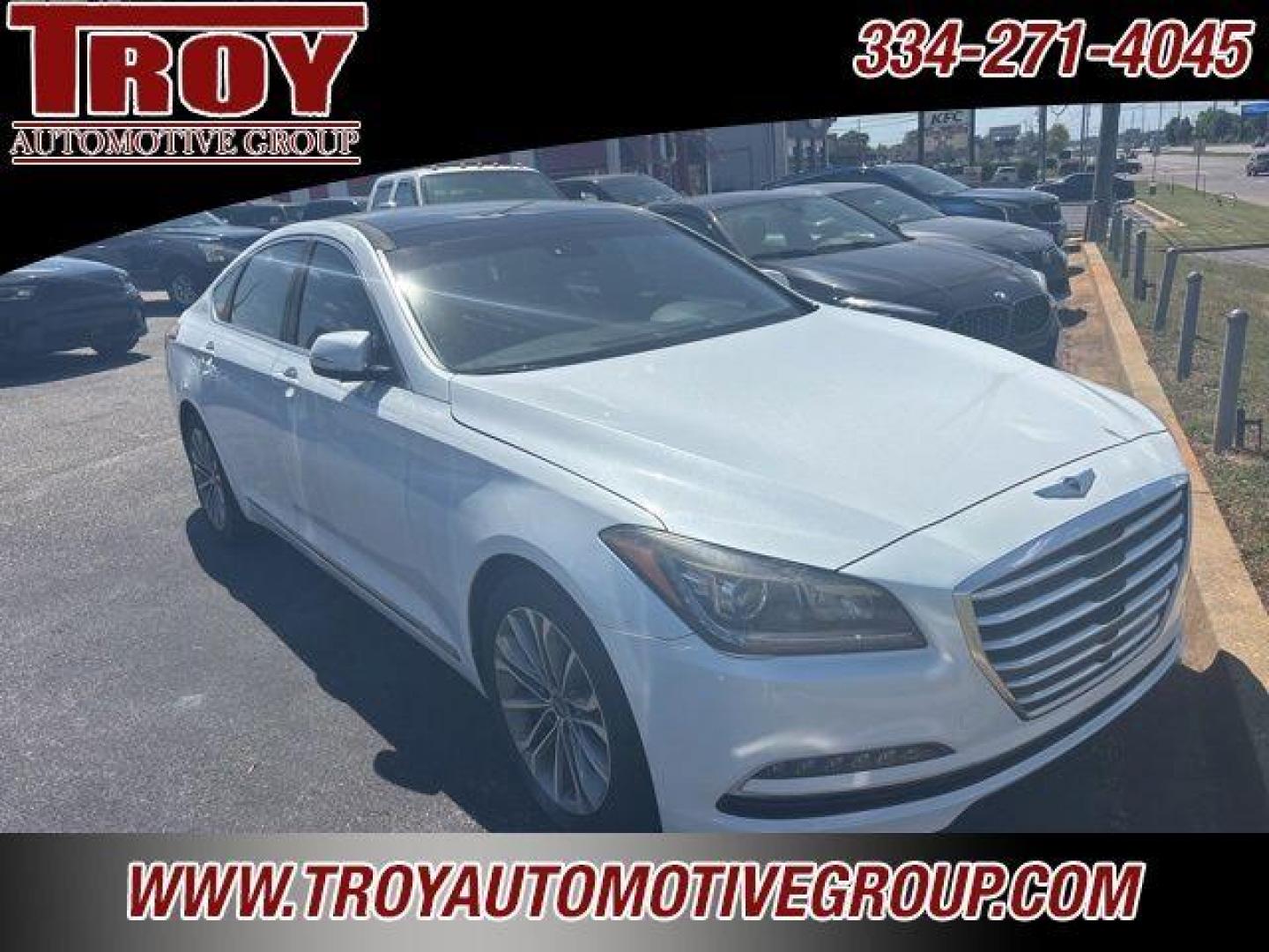 2016 Casablanca White /Grey Hyundai Genesis 3.8 (KMHGN4JE3GU) with an 3.8L V6 DGI DOHC Dual CVVT engine, Automatic transmission, located at 6812 Atlanta Hwy, Montgomery, AL, 36117, (334) 271-4045, 32.382118, -86.178673 - Photo#1