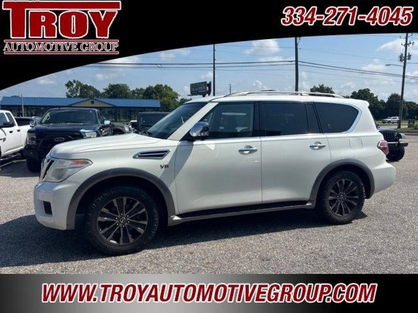 2017 Pearl White /Tan Nissan Armada Platinum (JN8AY2NF8H9) with an 5.6L V8 DOHC 32V Endurance engine, Automatic transmission, located at 6812 Atlanta Hwy, Montgomery, AL, 36117, (334) 271-4045, 32.382118, -86.178673 - Pearl White 2017 Nissan Armada Platinum RWD 5.6L V8 DOHC 32V Endurance 7-Speed Automatic<br><br>Financing Available---Top Value for Trades.- Photo#0